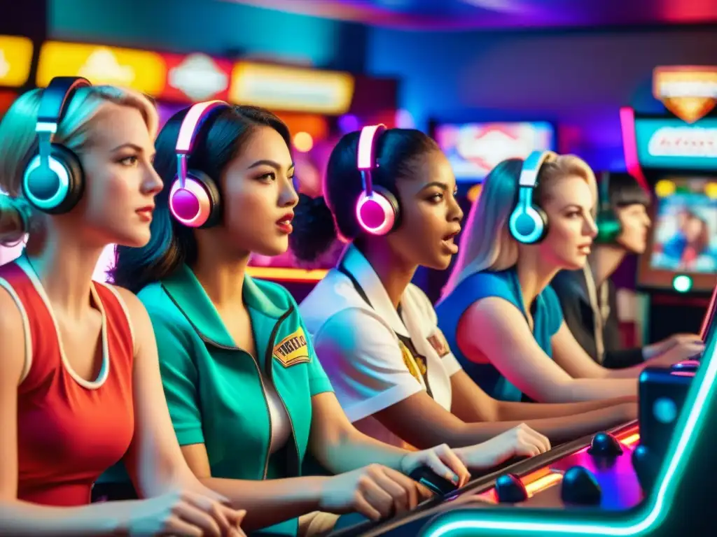 Mujeres compitiendo en un torneo de Esports, concentradas en juegos de arcade vintage, rodeadas de una multitud emocionada y luces de neón retro