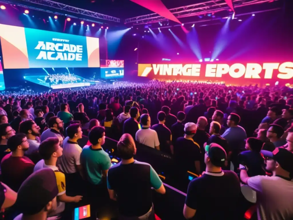 Una multitud entusiasta llena una arena de esports vintage, con una decoración retro y una cálida atmósfera nostálgica