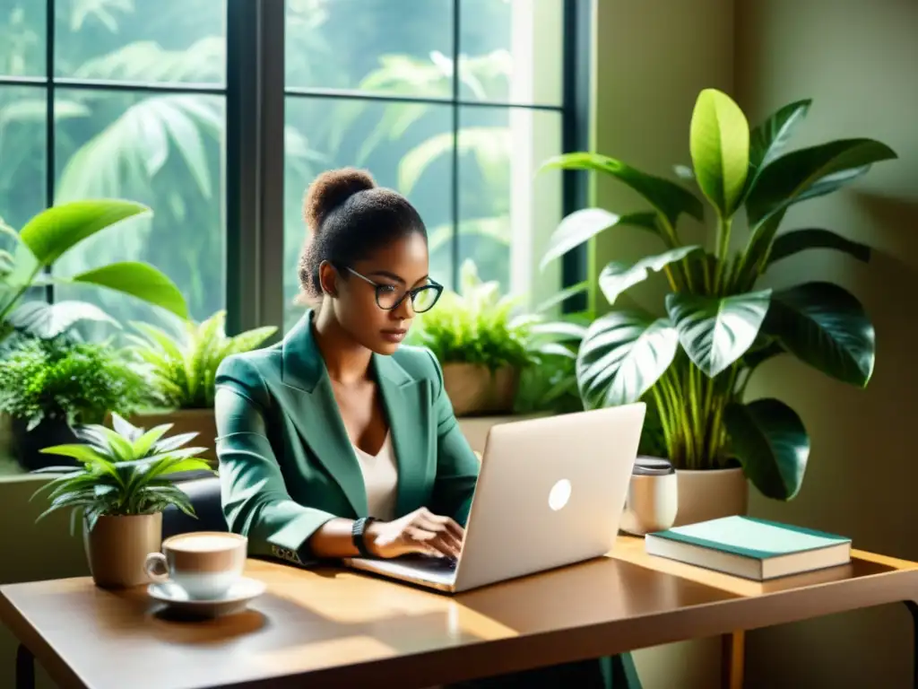 Transformación del mundo laboral con Internet: Persona trabajando en un entorno tranquilo con plantas, luz natural y café, concentrada en su laptop