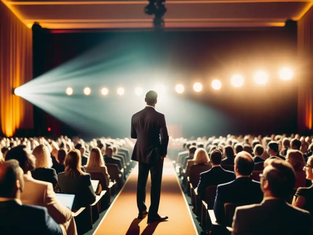 Un narrador cautiva a una audiencia diversa en una conferencia de tecnología, con luces cálidas y un ambiente vintage, mostrando la evolución del storytelling en tecnología