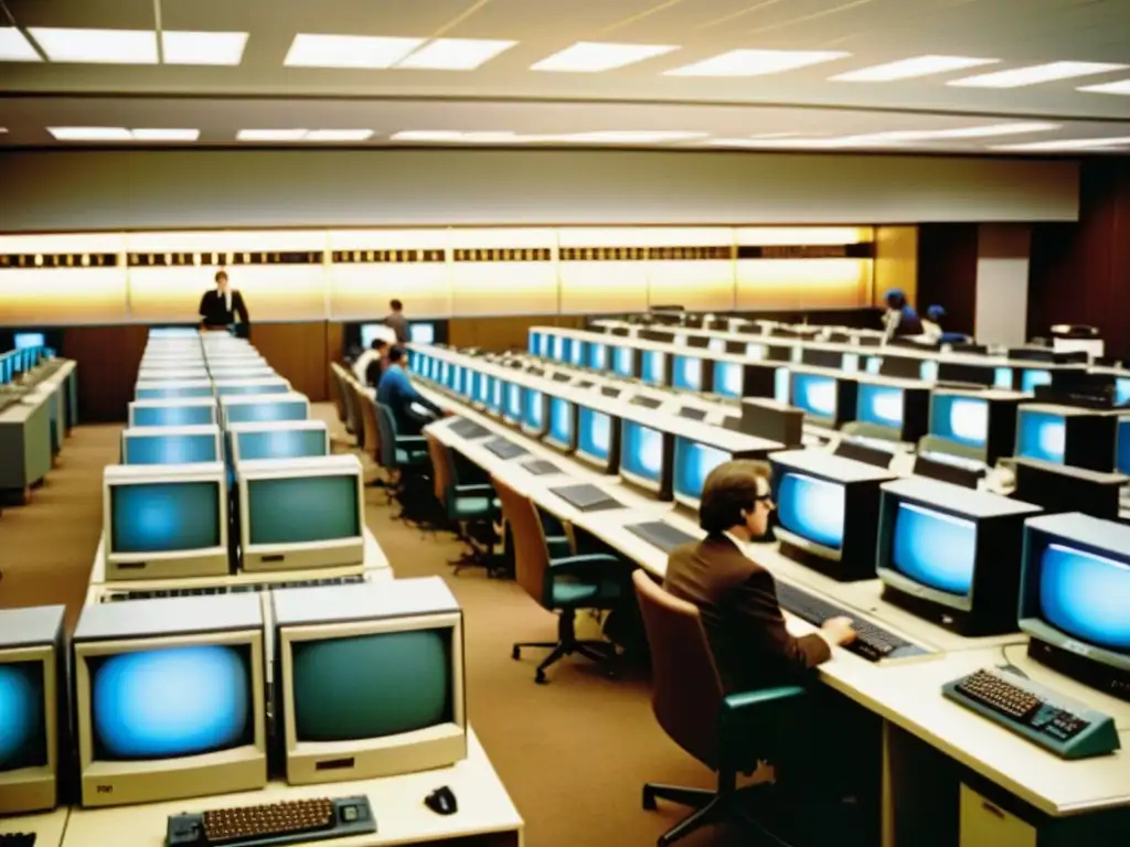 Una nostálgica fotografía de un bullicioso laboratorio de computación de los años 70, con estudiantes o profesionales trabajando en terminales