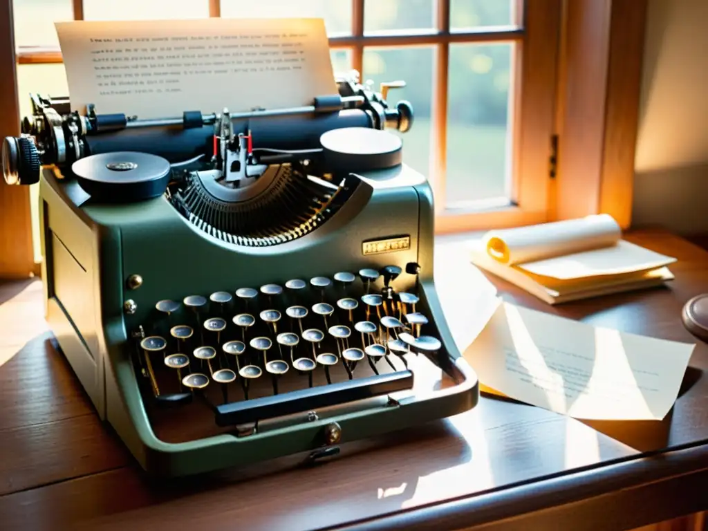 Una nostálgica escena con una antigua máquina de escribir, papeles vintage y una taza de café, evocando la transformación literaria de una era pasada