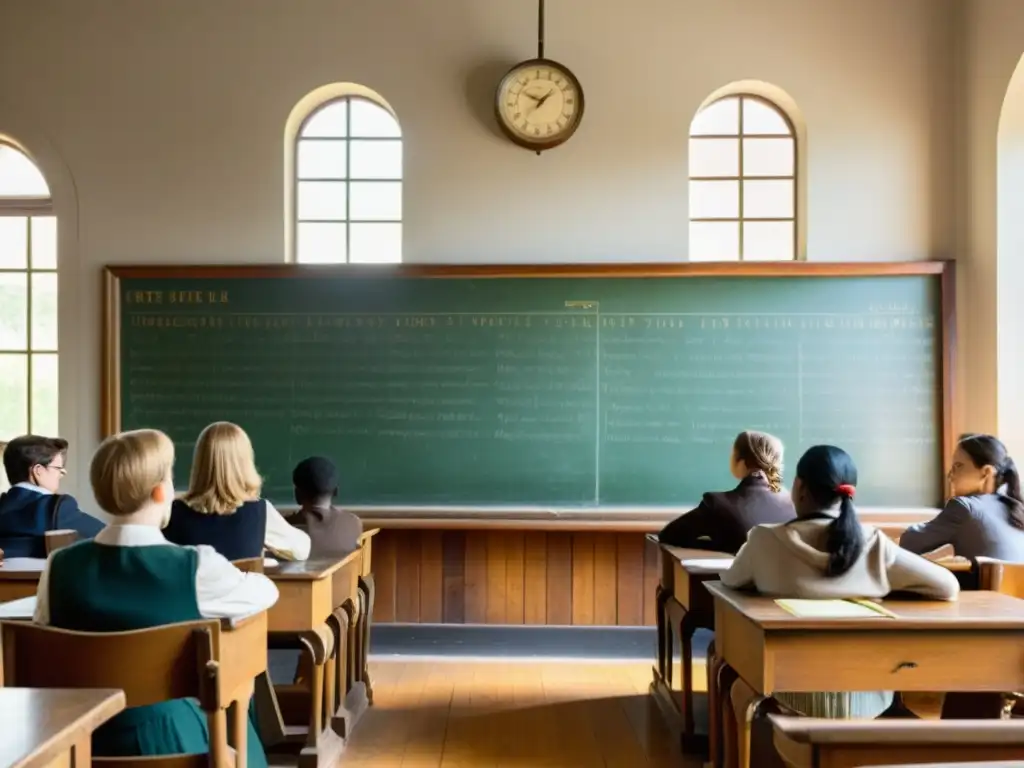 Una nostálgica escena de aula vintage con estudiantes y maestro, abrazando la inclusión tecnológica en la educación global