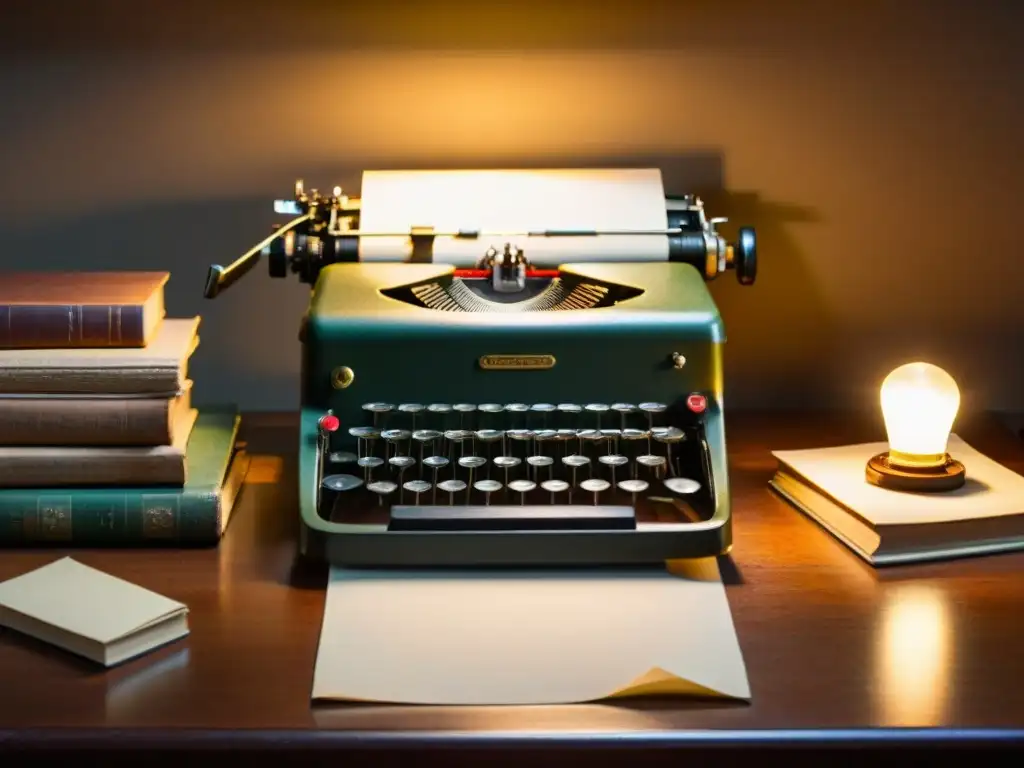 Una nostálgica escena vintage con una máquina de escribir antigua sobre una mesa iluminada suavemente, rodeada de libros antiguos y dispositivos tecnológicos vintage, evocando la evolución del storytelling en tecnología