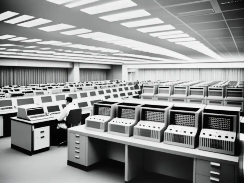 Una nostálgica imagen en blanco y negro de la poesía en la historia de la computación: antiguos equipos, luces parpadeantes, papeles y técnicos trabajando en mainframes