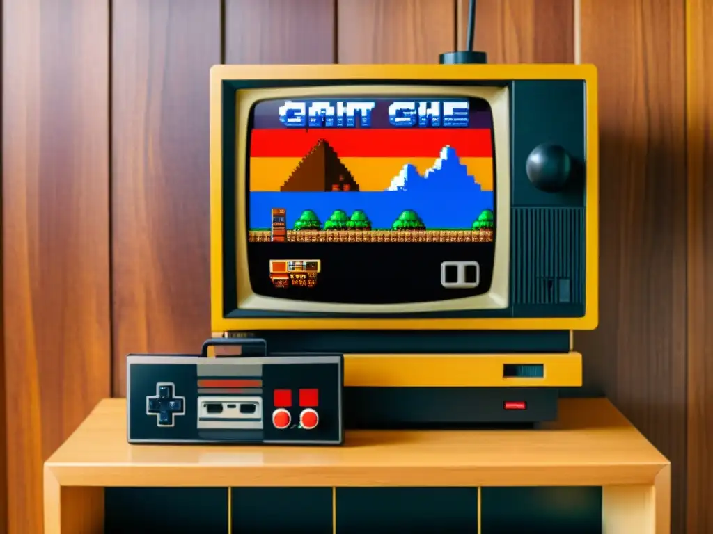 Una nostálgica imagen vintage de la revolución de los 8 bits cultura, con una consola y juegos retro en un mueble de TV de madera