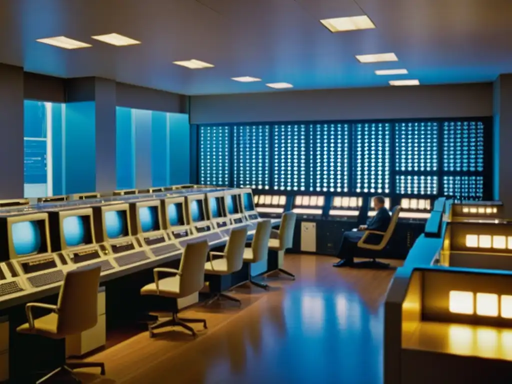 La evolución tecnológica: sala vintage con computadoras y operadores Una nostálgica imagen vintage de una sala llena de equipos de computación temprana, con computadoras principales grandes, máquinas de tarjetas perforadas y operadores trabajando