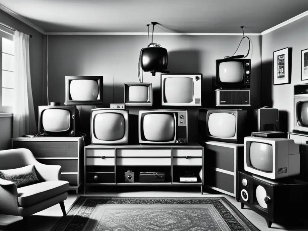 Una nostálgica habitación llena de dispositivos electrónicos retro como televisores antiguos, radios y computadoras voluminosas