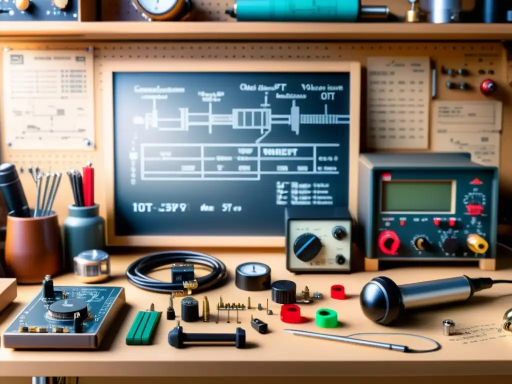 Una nostálgica obra de arte de un banco de trabajo desordenado con herramientas de desarrollo IoT retro, iluminado por una cálida luz suave