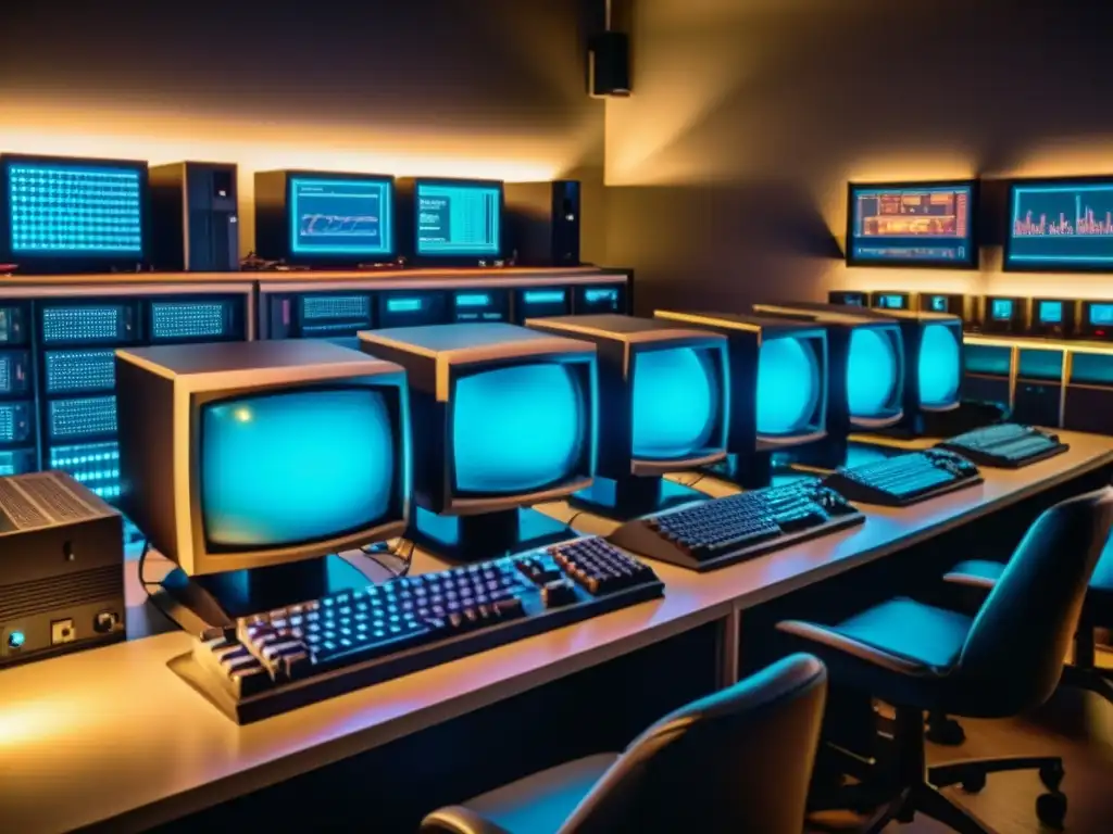 Una nostálgica sala de computadoras vintage con monitores mostrando gráficos de videojuegos antiguos