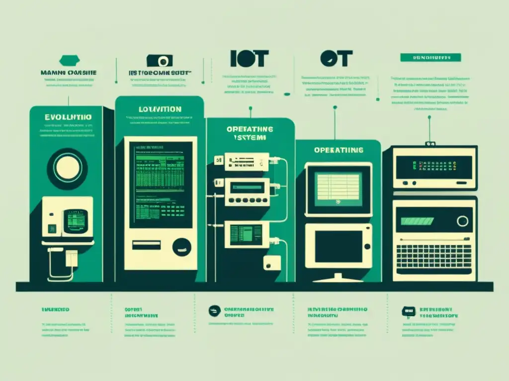 Ilustración nostálgica de la evolución de sistemas operativos para Internet de las Cosas, desde mainframes hasta plataformas modernas de IoT