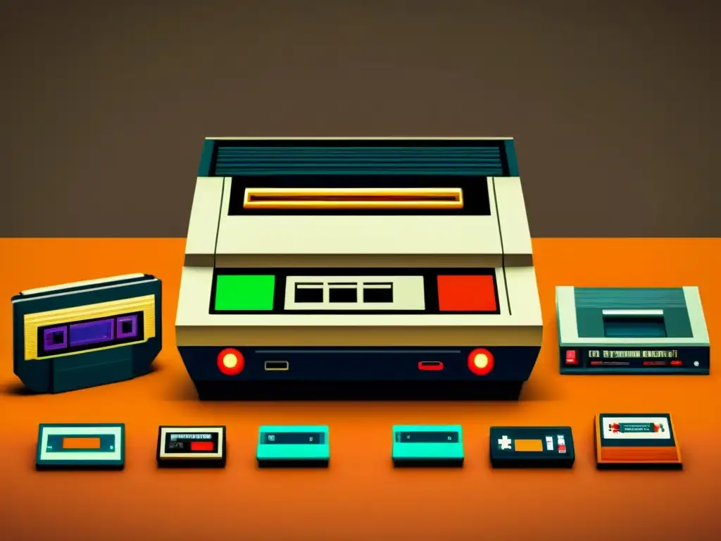 Una representación nostálgica de la evolución tecnológica de los videojuegos, con consolas vintage, cartuchos y controles clásicos