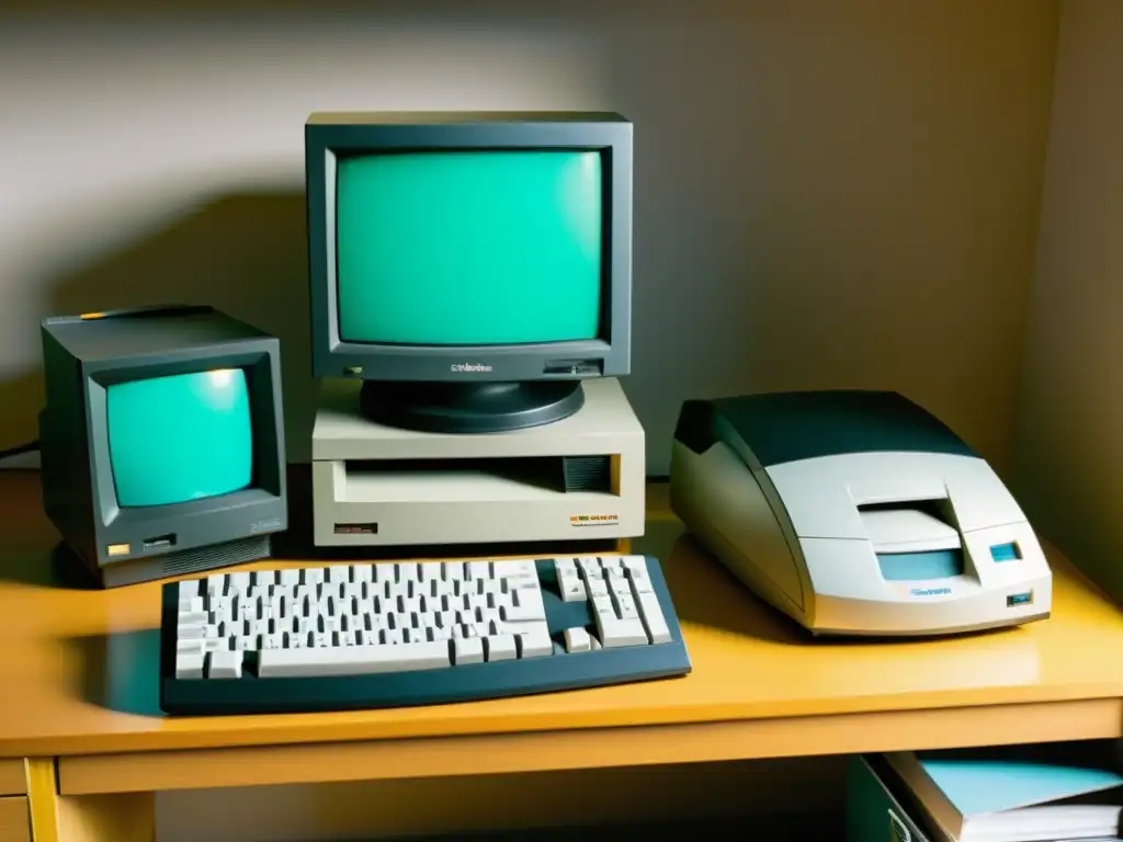 Una nostálgica estación de trabajo vintage con monitor CRT y accesorios retro, evolución de la informática personal