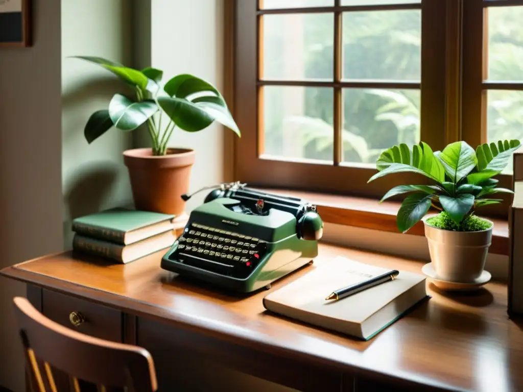 Un nostálgico despacho vintage en casa con elementos clásicos y modernos, iluminado por luz natural