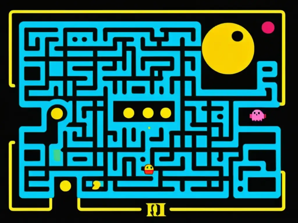 Un nostálgico póster ilustrado del icónico juego arcade PacMan, con el personaje amarillo recorriendo un laberinto lleno de fantasmas coloridos