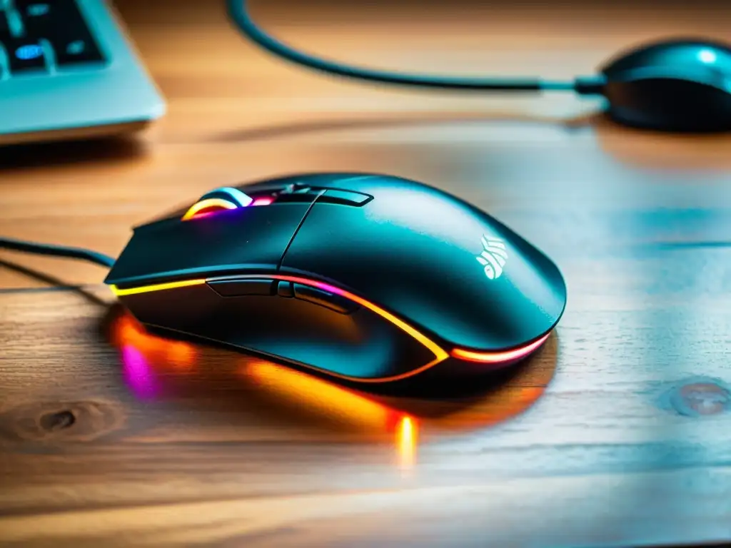 Un nostálgico setup de gaming con mouses para gaming de alta precisión en un escritorio vintage iluminado por una lámpara cálida