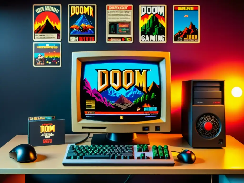 Un nostálgico setup de PC gaming vintage con influencia de los videojuegos en hardware, iluminado por el cálido brillo de un monitor CRT