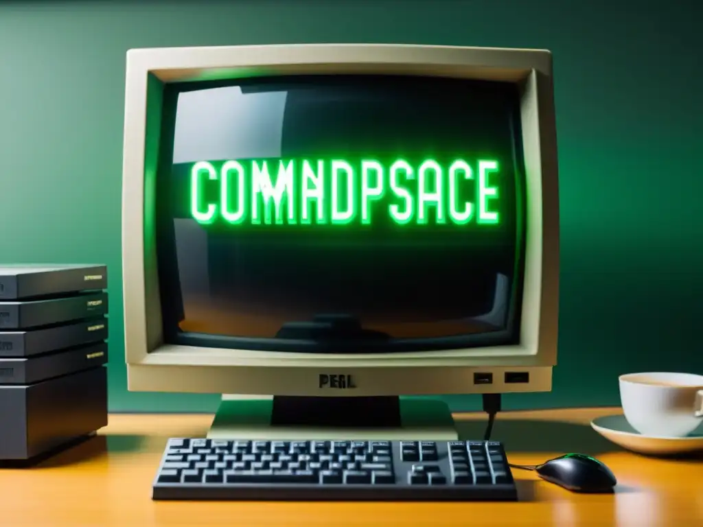 Programando en los 90: Monitor vintage, teclado y stacks de floppy disks Un nostálgico setup de programación de scripts en Perl en un monitor vintage rodeado de tecnología retro, evocando la esencia de los 90s