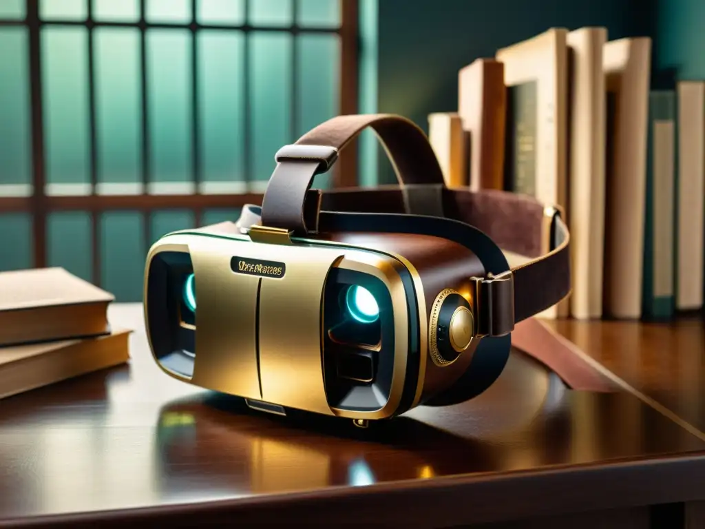 Un nostálgico visor de realidad virtual vintage en un ambiente cálido y evocador, rodeado de libros antiguos y elementos científicos