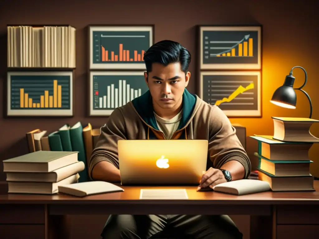 Un novato trader concentrado en su computadora rodeado de libros y gráficos, reflejando el ambiente de aprendizaje en el mundo del trading