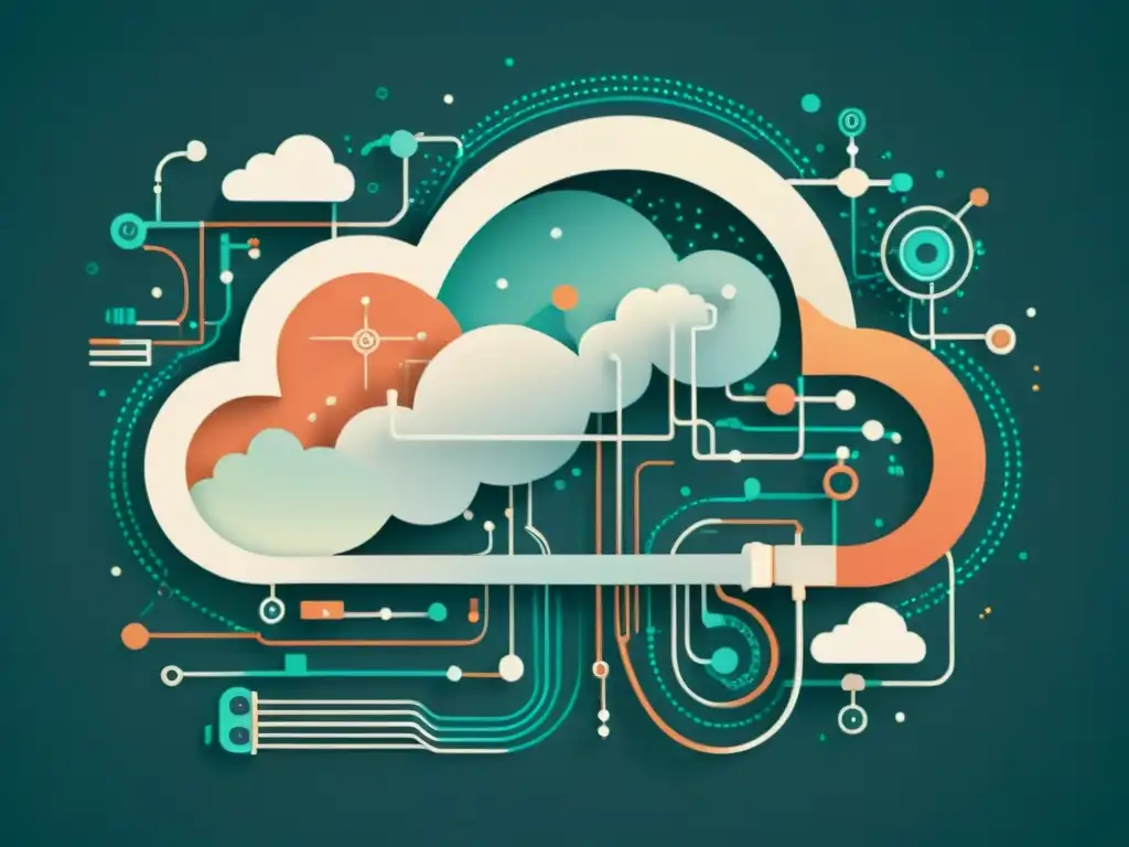 Una ilustración vintage de una nube con circuitos y algoritmos de IA entrelazados, mostrando la sinergia entre la computación en la nube y la inteligencia artificial