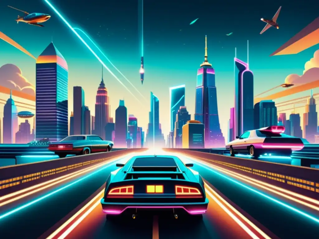 Arte digital: Futurismo nostálgico en la ciudad Una obra digital vintage muestra una ciudad futurista con rascacielos, autos voladores y luces de neón, en una cálida y nostálgica atmósfera que captura la evolución de la computación en el arte digital