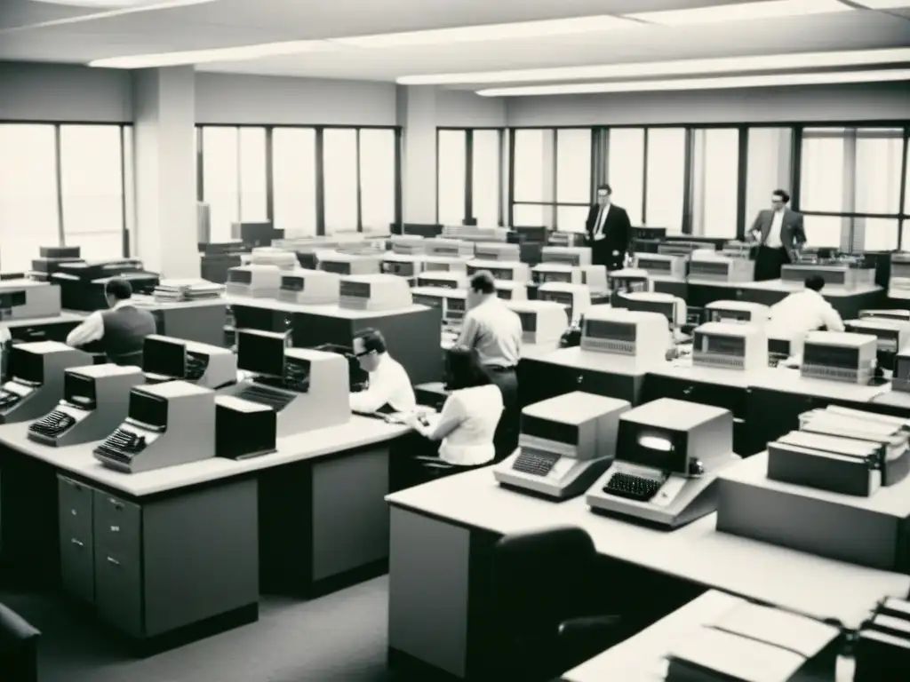 Oficina bulliciosa de los años 60 con empleados, mainframes y nostalgia de la transformación digital en empresas, computación y tecnología