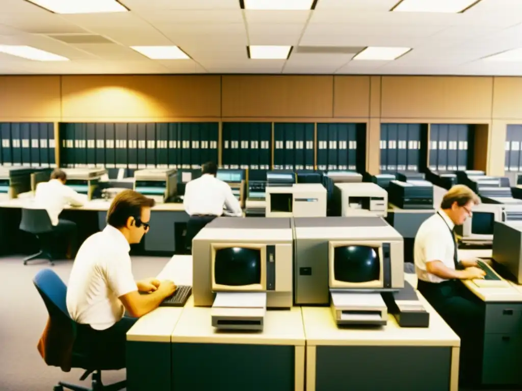 Una oficina bulliciosa de los años 80, con empleados trabajando en grandes computadoras principales rodeados de disquetes y documentos