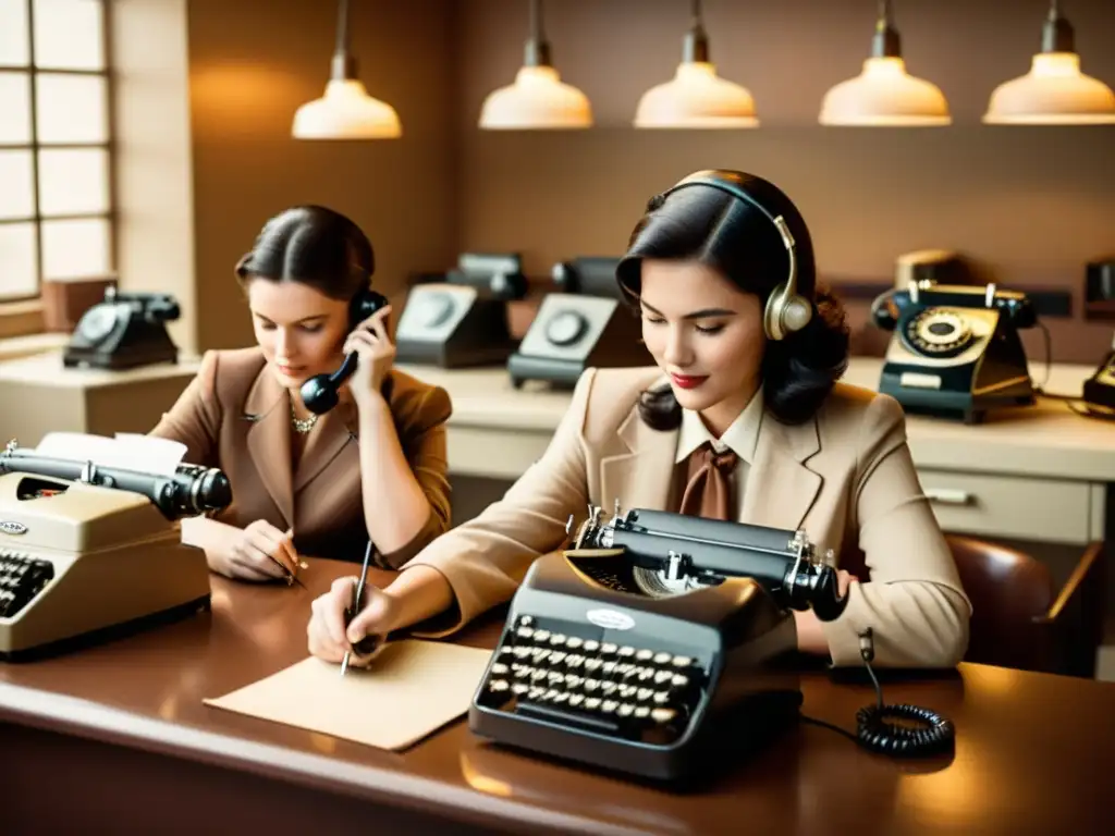 Oficina vintage con trabajadores usando máquinas de escribir y teléfonos de disco