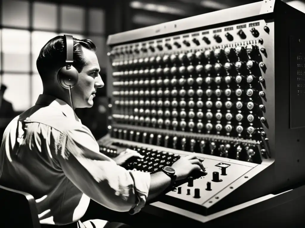 Operadores trabajando en la máquina Colossus durante la guerra, con un filtro dramático en blanco y negro que destaca la compleja maquinaria