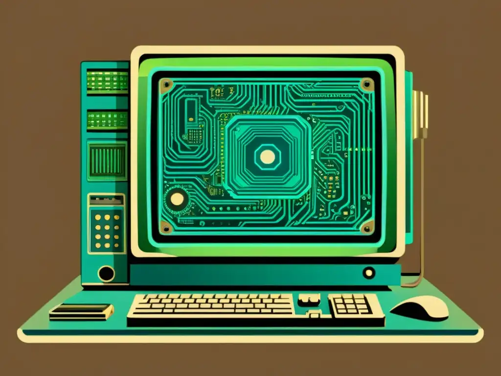 Ilustración vintage de computadora: Tecnología y tokenización Ilustración vintage de un ordenador con detalles intrincados y circuitos, rodeado de elementos futuristas
