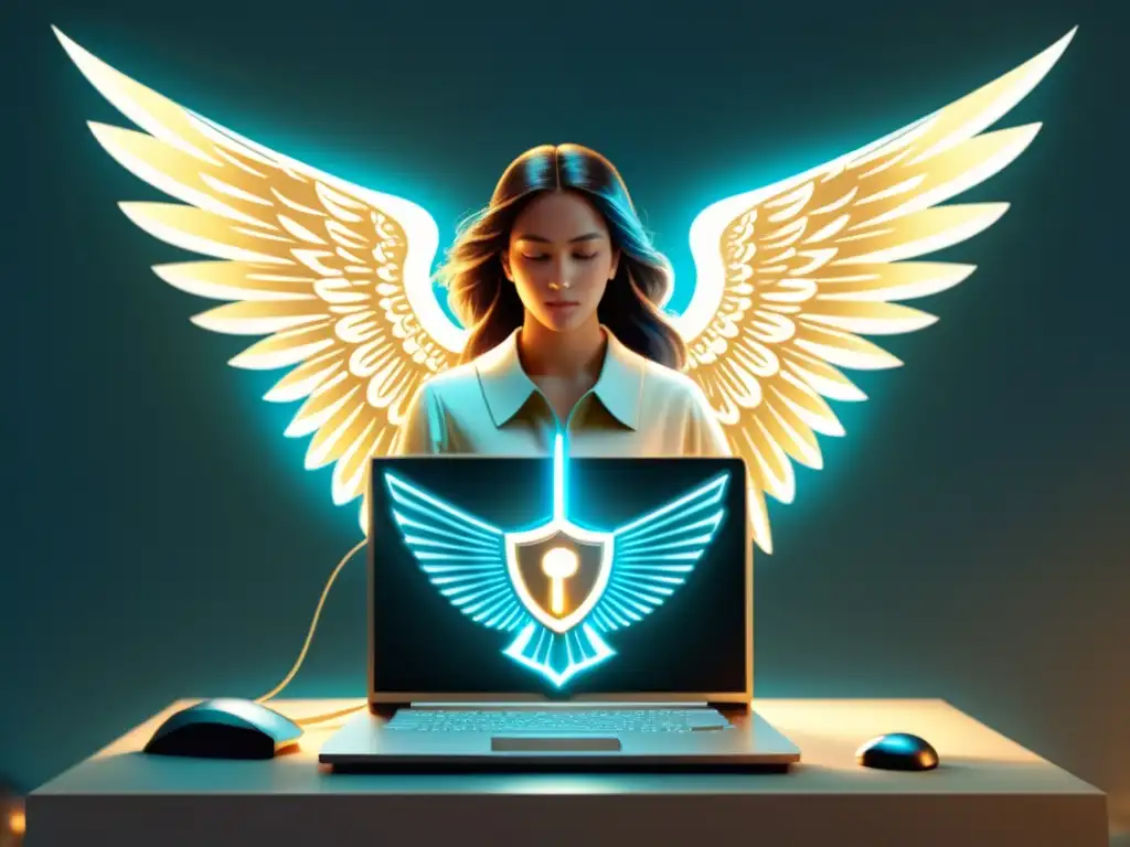 Un ángel guardián protege un ordenador con espada y escudo, evocando seguridad en la evolución del software antivirus ciberseguridad