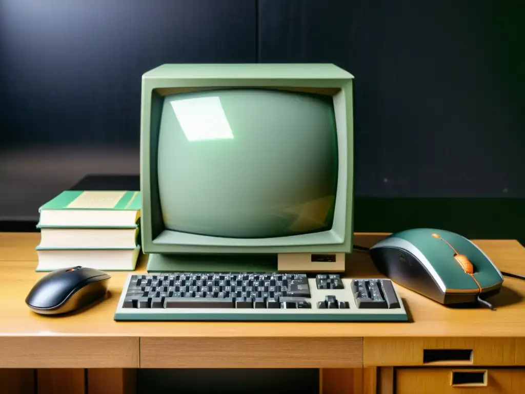 Ordenador vintage con teclado grande y pantalla verde, rodeado de libros antiguos sobre tecnología