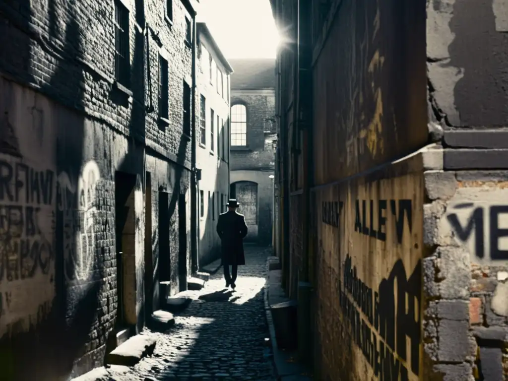 Un oscuro y misterioso callejón con una única luz tenue