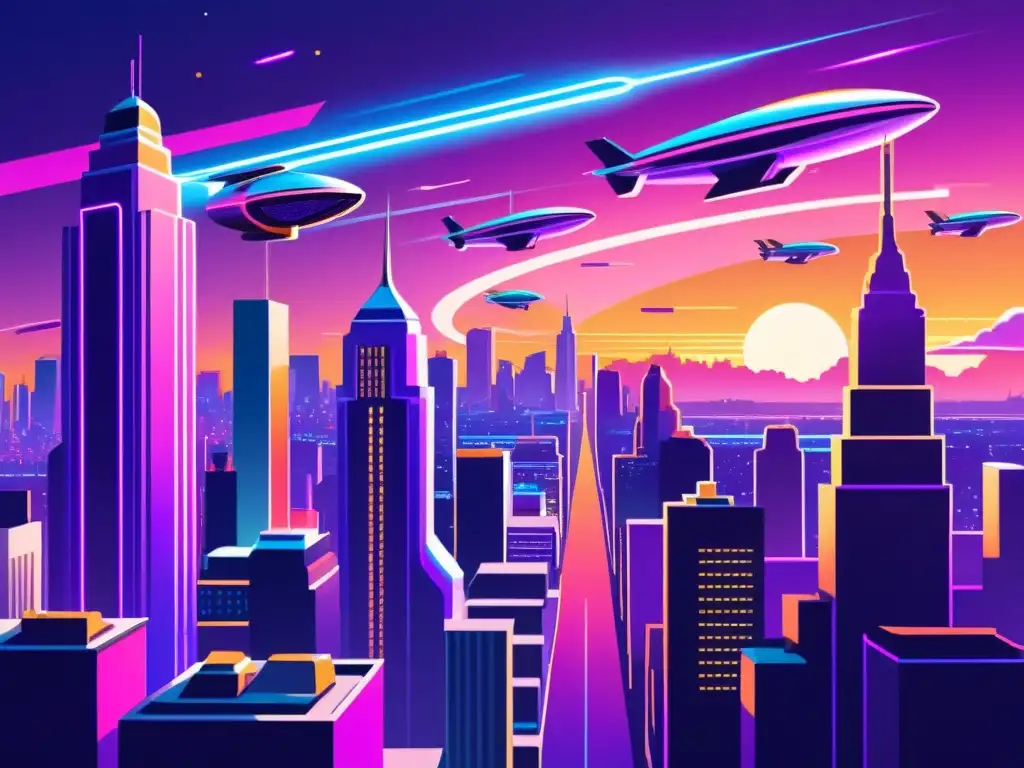 Un paisaje urbano futurista con edificios metálicos y luces de neón, vehículos voladores y un cielo púrpura al atardecer