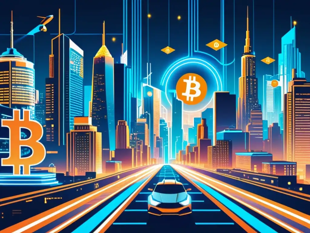 Un paisaje urbano futurista con símbolos de Bitcoin, reflejando una revolución monetaria en el ciberespacio