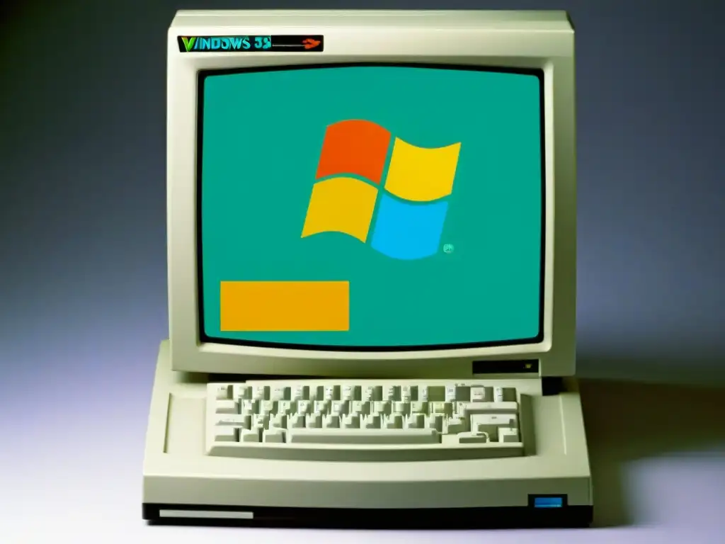 Una fotografía vintage de la pantalla de un ordenador muestra el icónico escritorio de Windows 95 con el botón de Inicio y varias ventanas clásicas abiertas, capturando la revolucionaria interfaz gráfica del sistema operativo