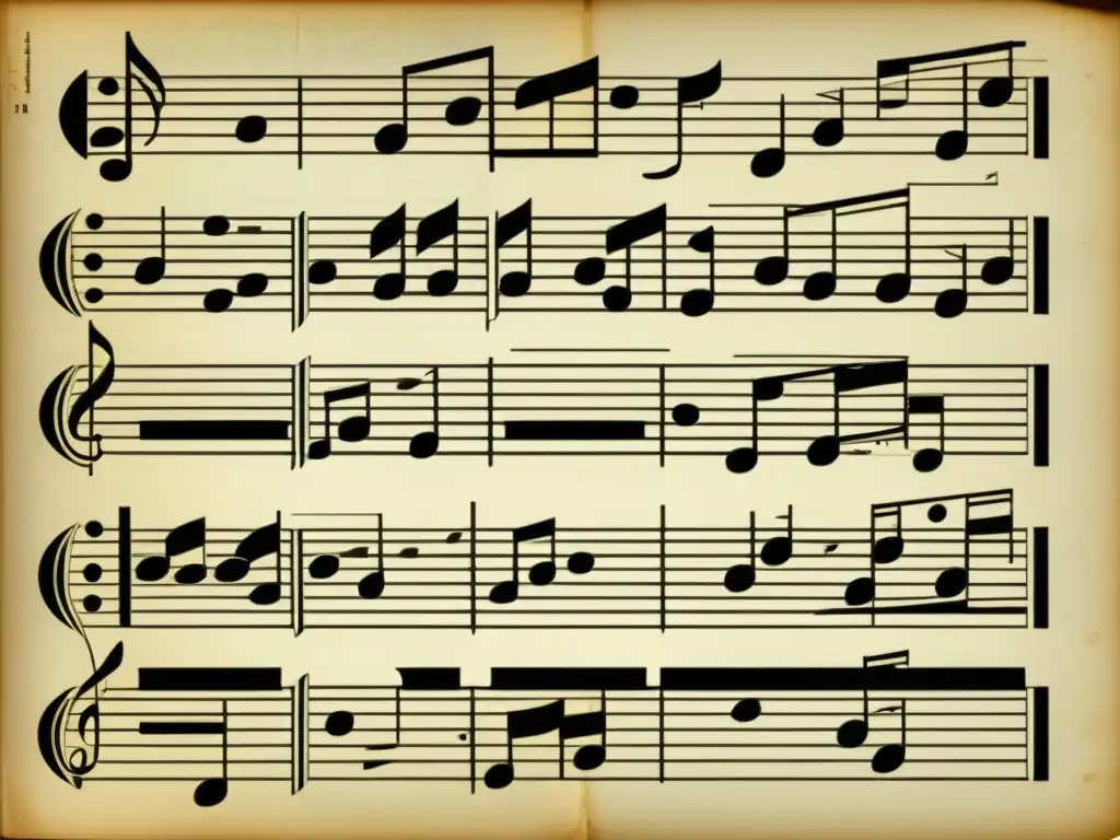 Una partitura vintage con composiciones algorítmicas generadas por IA, rodeada de instrumentos musicales antiguos