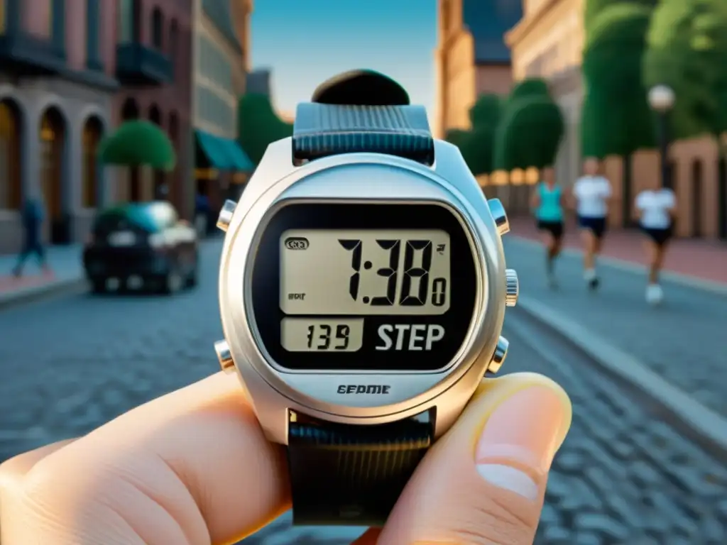 Un paseo en el tiempo: pedometer plateado con grabados y pantalla de conteo