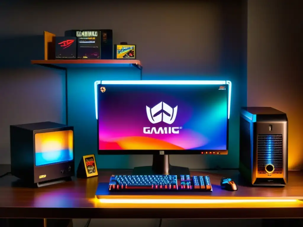 Un PC gamer de alta gama con kits de modding, iluminación LED y decoración retro en un ambiente nostálgico