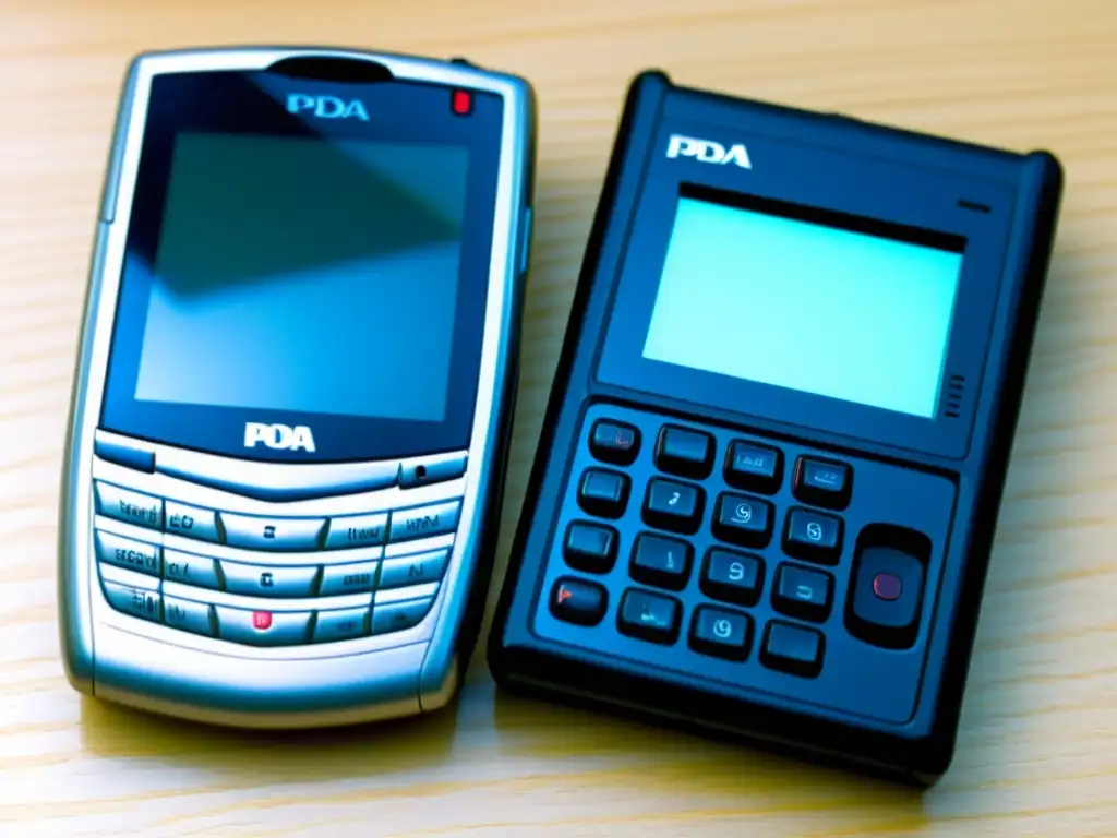 Comparación entre PDA vintage y smartphone temprano, rodeados de accesorios retro