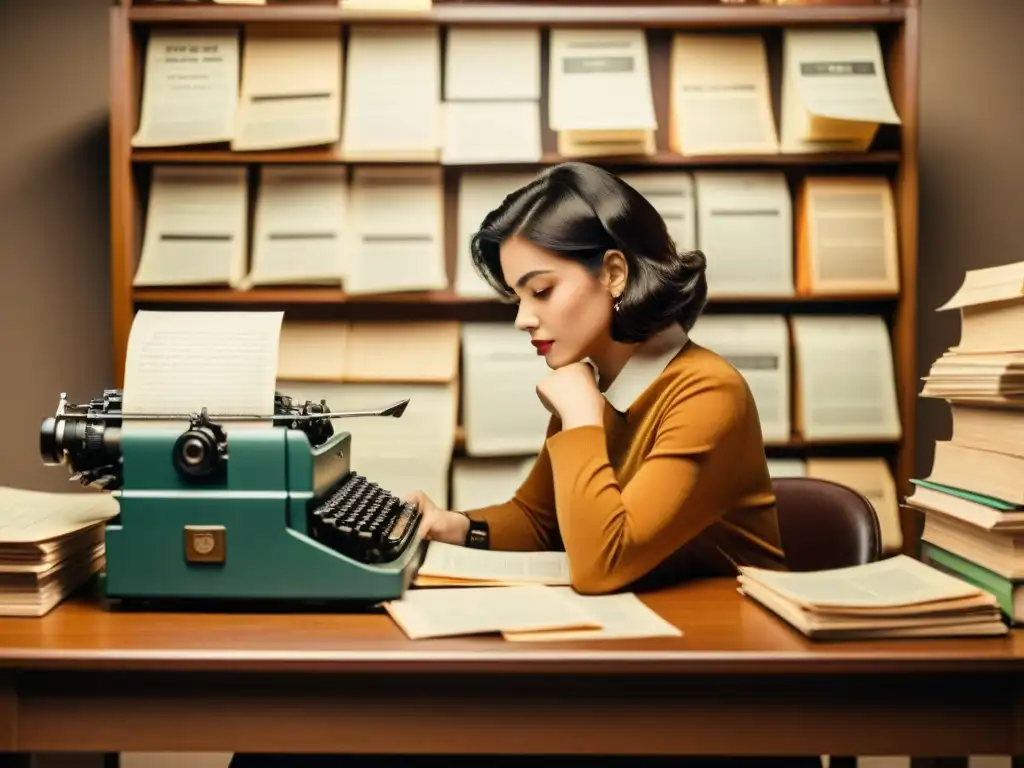 Persona redactando boletín en escritorio vintage con máquina de escribir y pilas de cartas