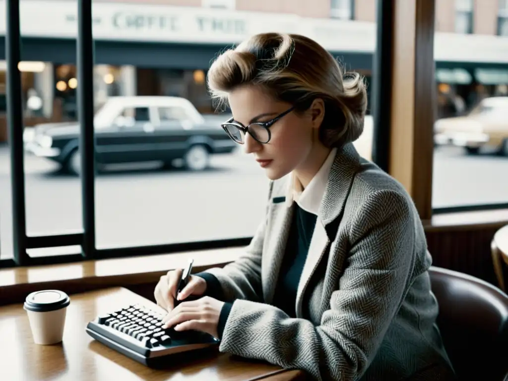 Persona en una cafetería de los 80, usando una computadora portátil vintage