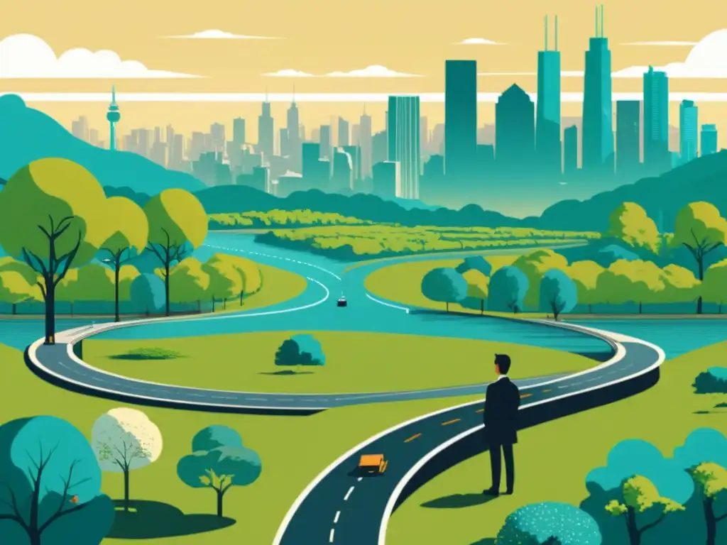 Dilema del desarrollador: ciudad o naturaleza En la ilustración vintage, una persona contempla dos caminos: uno hacia la ciudad moderna y otro hacia la naturaleza serena