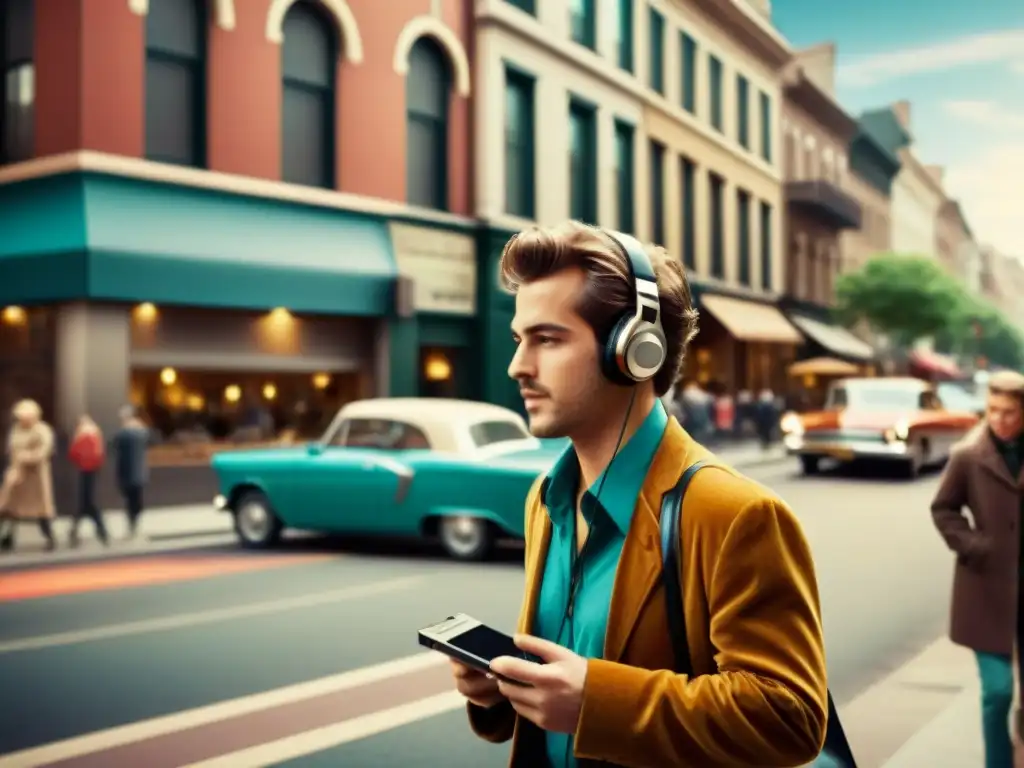 Persona camina por la ciudad con un Walkman vintage, inmersa en la música, evocando la historia y evolución de la música portátil