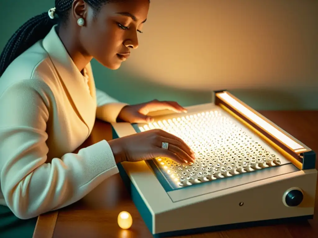 Una ilustración vintage de una persona utilizando un display braille, con una luz cálida iluminando la escena