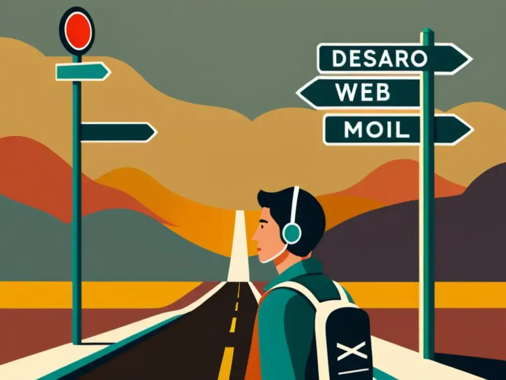 Decisión crucial: Desarrollo Web vs Persona en encrucijada contemplativa entre 'Desarrollo Web' y 'Desarrollo Móvil', con estética vintage y colores cálidos