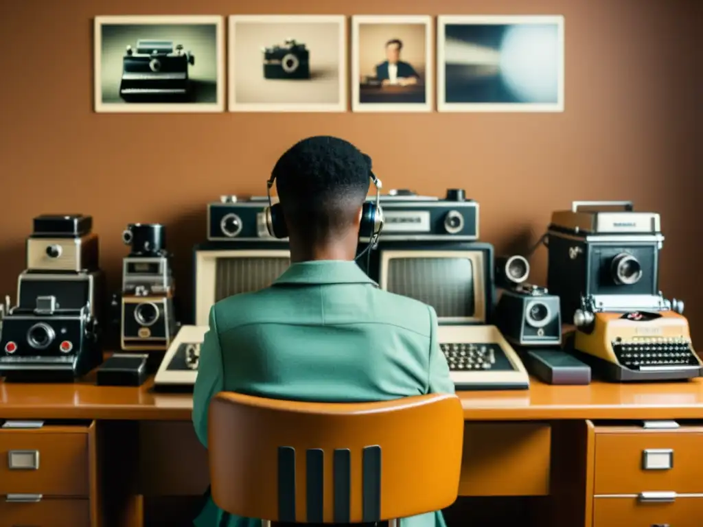 Persona en escritorio vintage rodeada de cámaras, máquinas de escribir y micrófonos antiguos, simbolizando la influencia multimedia en el marketing de contenidos