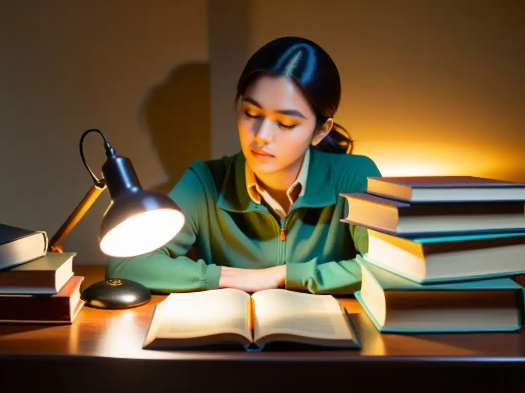 Persona preparándose para el examen de certificación CEH rodeada de libros en un ambiente vintage de estudio con determinación y enfoque