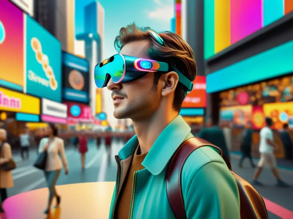 Persona usando gafas de realidad aumentada en la ciudad con aplicaciones de realidad aumentada en redes sociales